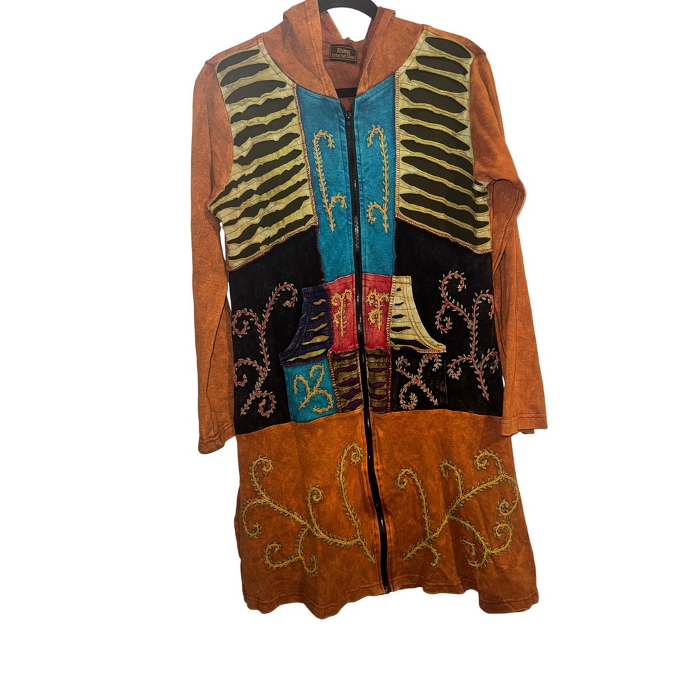 Rising International Patchwork Embroidered Longline Zip Hoodie Orange Boho Nepal